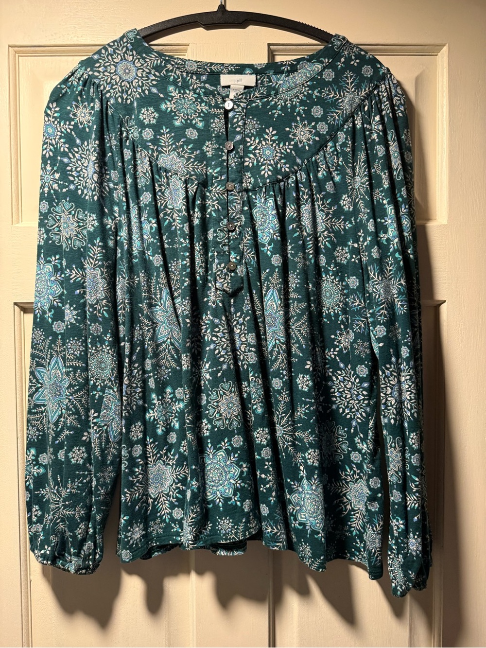 J. Jill Women’s Large Teal Snowflake Print Long Sleeve Boho Top
